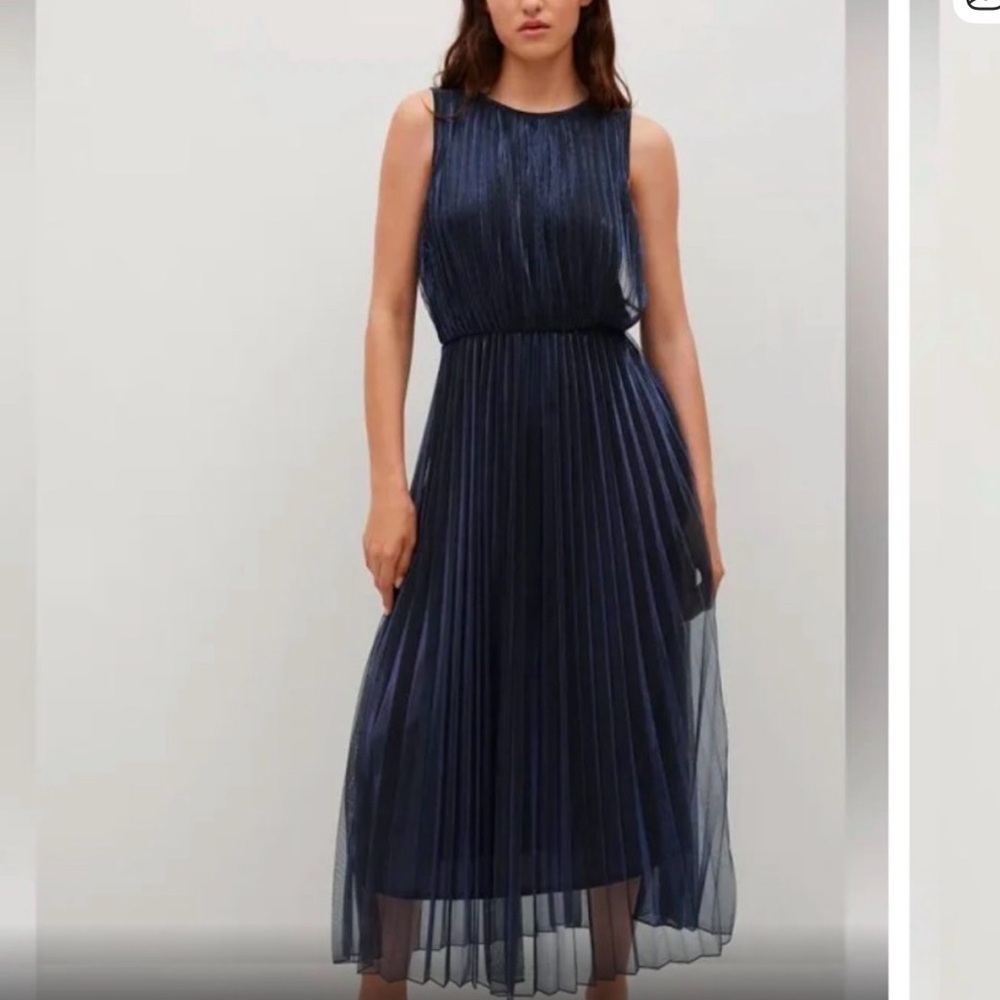 Mango Navy Pleated Midi Dress